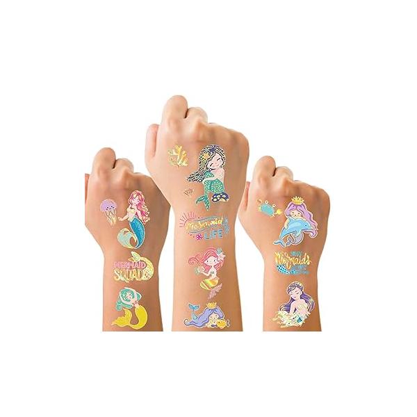 Mermaid Temporary Tattoos for Kids Girls Cute Cartoon Fake Tattoo Stickers Laser Gold Edge Girl Marine Life Design Waterproof Body Art Sticker Party Decoration Supplies 8 Sheets