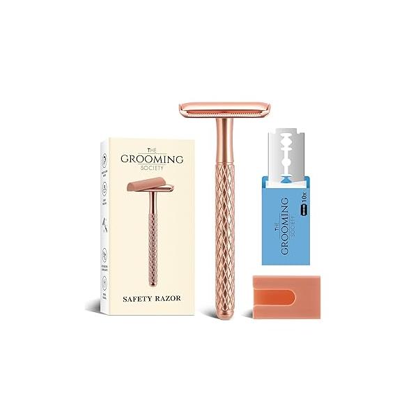 Double Edge Safety Razor for Women with Silicone Cover & 10 Blades Travel Metal Eco-Friendly Reusable Single Blade Shaving (Rose Gold)