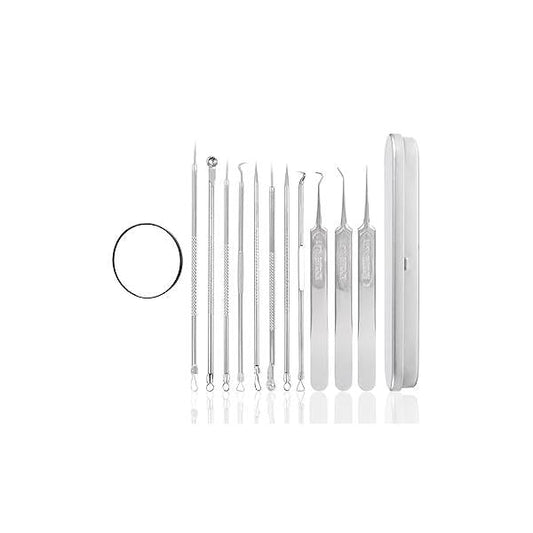 11 Pieces Stainless Steel Acne Needle Blackhead Removal Cleaning Tweezers Pimple Popper Tool Kit with a Iron Box Comedones Extractor for Blemish Whitehead Fatty Particle