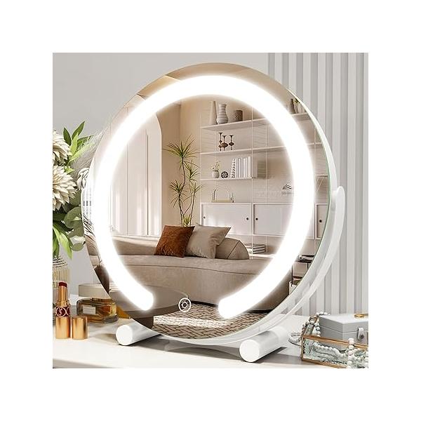 Vanity Mirror with Lights, 12 Inch Light Up Makeup Mirror, LED Lights for Bedroom Tabletop, Smart Touch Control 3 Colors Dimmable, 360° Rotation, White