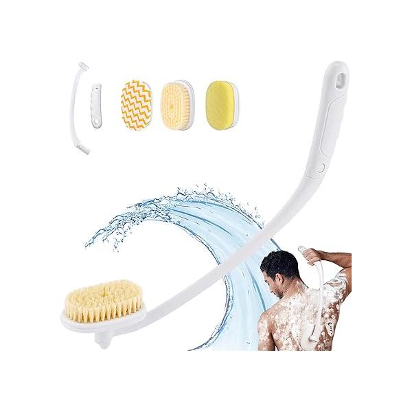 Celestite 20” Long Handle Shower Brush for Body, Back Scrubber with 3 Pcs Heads, Exfoliation and Improved Skin Health Suitable Women, Men, Elderly (White)