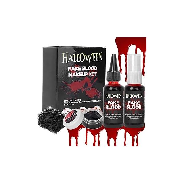 Halloween Fake Blood Makeup Kit,Fake Spray,Coagulated Blood,Dripping Blood,Stipple Sponge Realistic Washable Special Effects SFX Set for Zombie Vampire Monster
