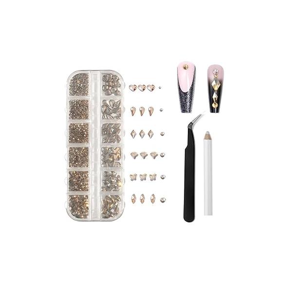 YATOJUZI Rhinestones for Nails kit Crystal Ab Gems Flatback Irregular Round Rhinestone with Pick Up Tweezers and Pen Nail Charms Jewels Art DIY Decor Face Body Makeup Party Concerts 1440pcs