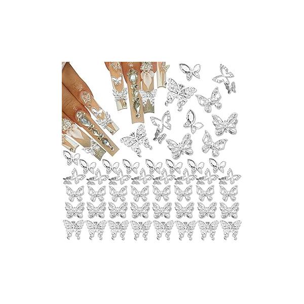 RODAKY 3D Alloy Butterfly Nail Art Charms - 12PCS Silver Butterflies With Gems and Rhinestones for Decoration