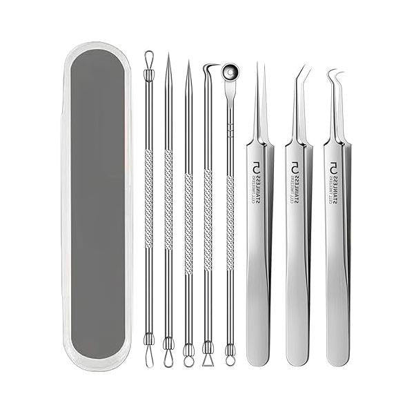 Fecong Tweezers, Stainless Steel Blackhead Removal Kit, Acssart Extractor, Pore Cleaner Tool, Gentle and Easy to Clean (8PCS Silver)
