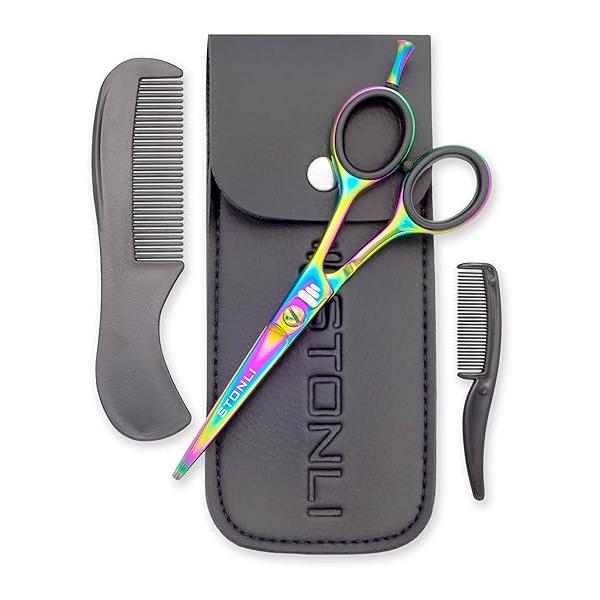 Professional 5’’Beard & Mustache Grooming Kit for Men - Precision Beard Scissors, Moustache Comb, Trimming Care Set with Leather Case (Black)