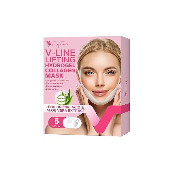 FairyFace V Line Lifting Mask, 5 Count Double Chin Reducer, Hydrogel Collagen Mask with Aloe Vera and Seaweed, Hydrating Anti-aging, Creating a V-shaped Face Full of Vitality