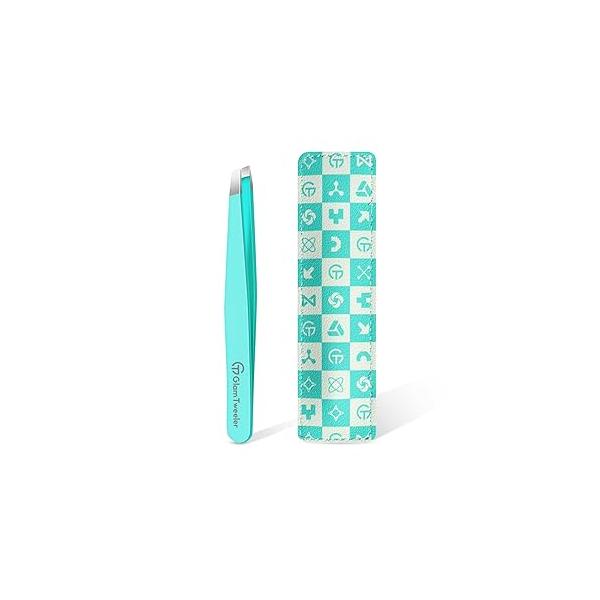 Expert Eyebrow Hair Removal Tweezer with Leather Case, GlamTweeler High Precision Slant Tip Stainless Steel Tweezers for Men and Women (Hot Pink)