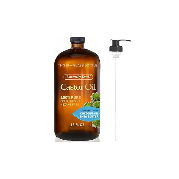 Castor Oil 16 Fl Oz (Glass Bottle) - Coconut + Shea Butter A Huge Glass Bottle with a Pump 100% Pure and Natural, Cold Pressed, Hexane-Free Hair, Body