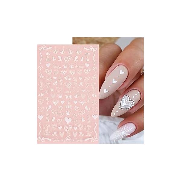Heart Nail Art Stickers 3D White Designs Self Adhesive Decals 4 Sheets Cute Love Bow Design Kawaii Valentines for DIY Manicure Decoration