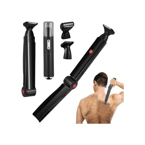 ZOMU Ultimate PRO Back Shavers for Men Body Shaver with Adjustable Extreme Reach Handle, Groomers Men's Electric Nose Hair Trimmer Set and 2 Shock Absorber Flex Heads,Black