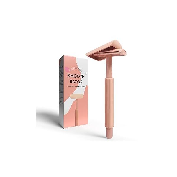 Double Edge Safety Razor - Reusable Single Blade Razors for Women Men, 5 Refills, Metal Plastic Free (Pink)