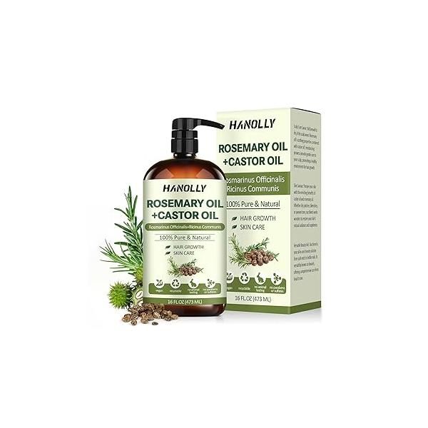 Rosemary Castor Oil for Hair Growth 16oz - 100% Pure with Oil, Blend of Effective Oils For Growth, Hydration Scalp, Reduce Loss & Split Ends