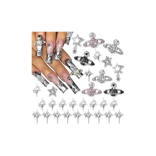 RODAKY 1000PCS Flower Nail Charms Silver Butterfly Art Jewelry Pink 3D for Nails Metal Butterflies Gems Resin Decoration Manicure DIY, Pink&White