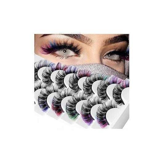 7 Pairs Colored False Eyelashes, 3D Mink Faux Lashes with Color Tips, Dramatic Fluffy Volume Strip for Cat Eye Look, Colorful Lash Extensions Makeup Artists, Cosplay, Parties