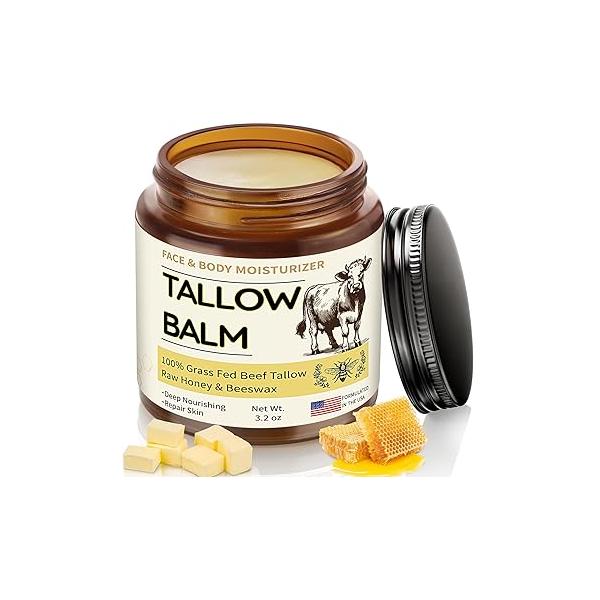 Veakoo Beef Tallow for Skin, Organic Whipped and Honey Balm, Grass Fed Face Moisturizer, Natural Skin Care Cream Body Butter, Nourish Soothe Dry