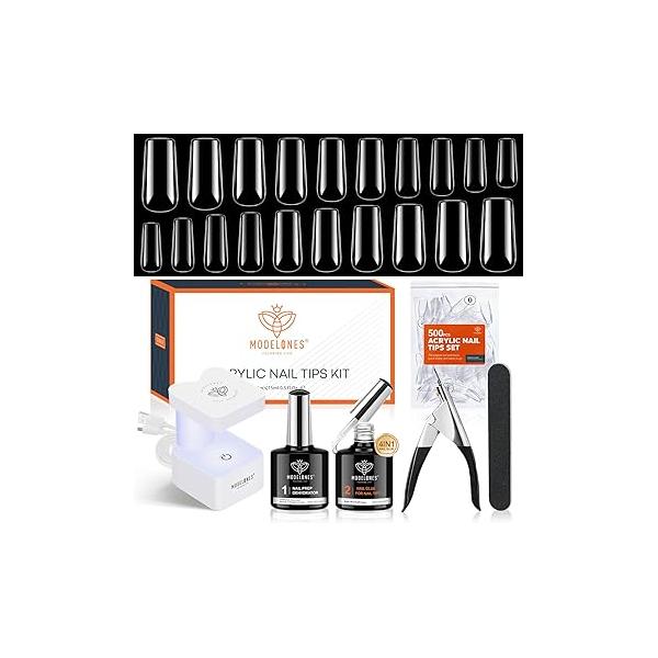 modelones Gel Nail Kit, Fake Nails Long Coffin, 9-in-One Glue Prep Dehydrator & Portable Mini U V Light Acrylic Clipper, 500Pcs Coffin Tips for Extension Kit DIY Salon Home Gifts Women