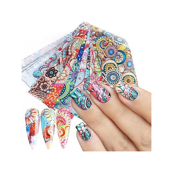 Holographic Nail Foil Transfer Stickers, Colorful Bohemian Polish Sheets, Sky Starry Paper Foils, Flower Decorations for Manicure, Film Supplies With Glue