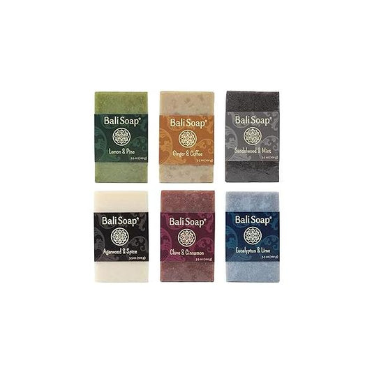 Bali Soap - Masculine Collection Natural Bar Gift Set, 6 pc Variety Pack, Lemon-Pine, Ginger-Coffee, Sandalwood-Mint, Agarwood-Spice, Clove-Cinnamon, Eucalyptus-Lime 3.5 Oz each