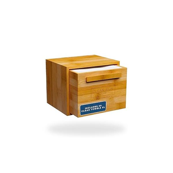 Clean Skin Club Luxe Bamboo Box with Drawer & Towels XL, Face Towel, Disposable Makeup Remover Dry Wipes, Facial Wash (Bamboo Container Drawer)