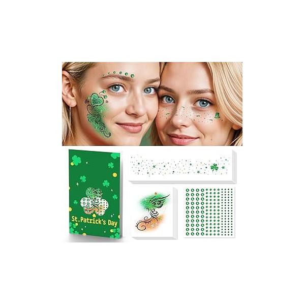 EMOME St Patrick Day Accessories, Patrick's Glitter Shamrock Face Tattoo with Green Gems and Faux Freckles, Saint Makeup Art Decorations Gift for Women