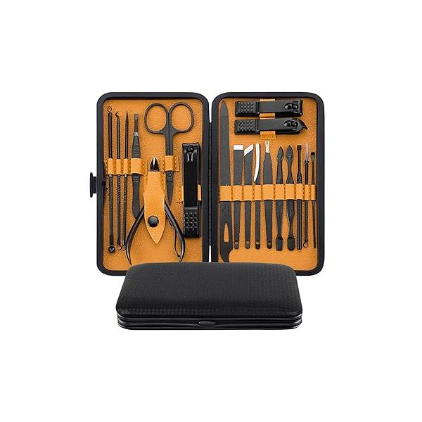 Manicure Set 19 In 1 Stainless Steel Professional Pedicure Kit Nail Grooming Clippers with Black PU Leather Case, Perfect Christmas Gifts for Men and Women (Black/Yellow)