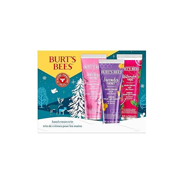Burt's Bees Christmas Gifts, 3 Body Skincare Stocking Stuffers, Shea Butter Hand Cream Trio Set - Lavender Honey, Watermelon Mint & Wild Rose Berry (3-Pack)