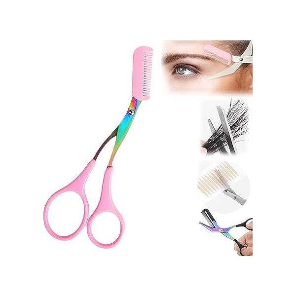 Premium 2 in 1 Non Slip Eyebrow Trimmer Scissors with Comb, Ideal Makeup Tool for Men and Women, Perfect Precise Hair Removal Grooming, 2Pcs Pink