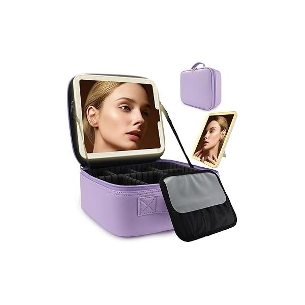 Travel Makeup Bag for Women and Artists Cosmetic Organizer Large Case,Travel with Mirror 3 Color Setting,Portable Storage Adjustable Dividers Bag(Purple)
