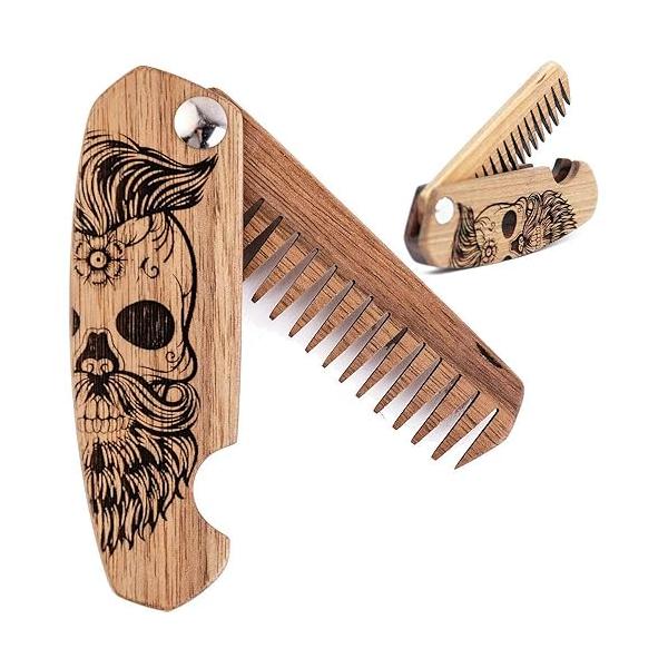 Enjoy The Wood Beard Comb for Men, Folding Pocket Accessories Engraved Walnut Wooden Moustache, & Hair - Perfect Gift For Him (Half Skull)