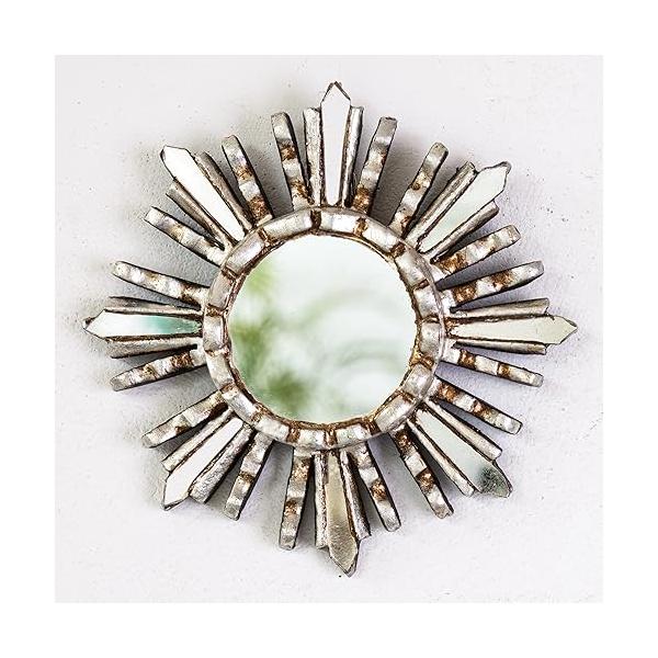 Small Sunburst Wall Mirror 6"- Peruvian Hand-carved Wood Round mirror for room decor, Decorative Accent sunburst (Silver)