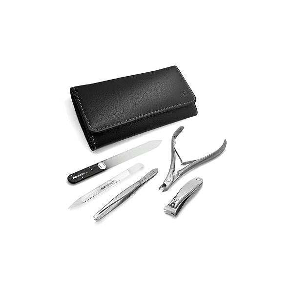 GERMANIKURE 5pc Manicure Set in Leather Case - FINOX Stainless steel tools handmade Solingen Germany - Professional Nail and Cuticle Care Travel Implements