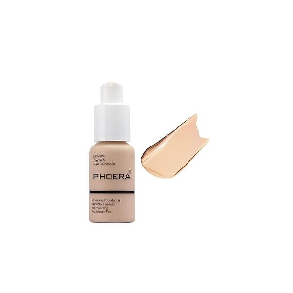 PHOERA Foundation,Flawless Soft Matte Oil Control Liquid Foundation Full Coverage Face Makeup. (102# Nude)