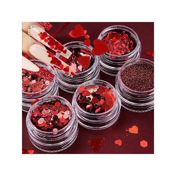 Heart Nail Sequins Valentine's Day Manicure Decoration Mix Colors Love Glitter Red Lips Art Flakes Powder Kit for Acrylic Festival Nails Decorations DIY Sparkly False Crafts