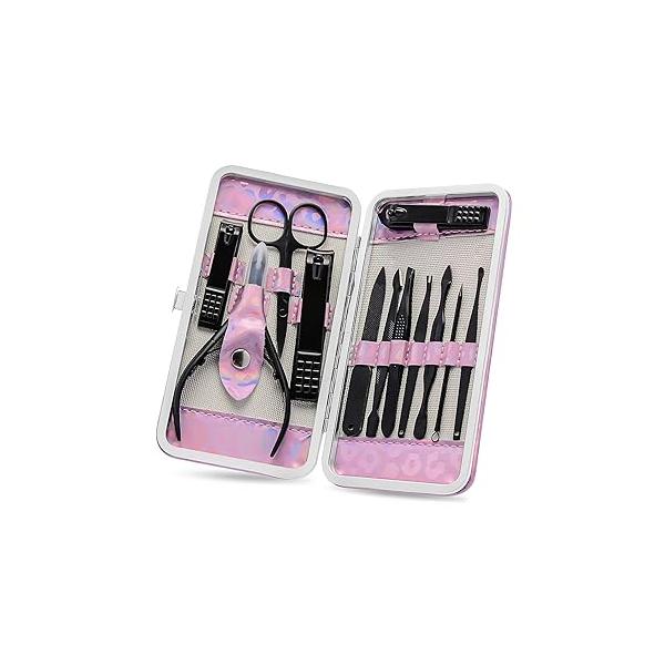 Manicure Set Nail Clippers Pedicure Kit - 12pcs Stainless Steel Kit, Colorful Professional Care Files & Scissors Tools for Hands Foot Facial Pink