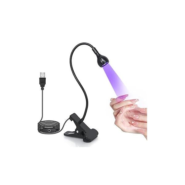 UV Nail Lamp - Light for Gel Nails, LED Gooseneck Flash Cure Manicure Dryer Black with Clamp, 365+395nm Wavelength 5V 3W 4 Levels Dimming