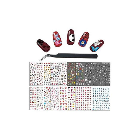 24 Sheets Nail Art Stickers Valentine's Day Sticker Decals for Women and Little Girls, Panda Colorful Cartoon Fire Sun Flower Heart Decoration