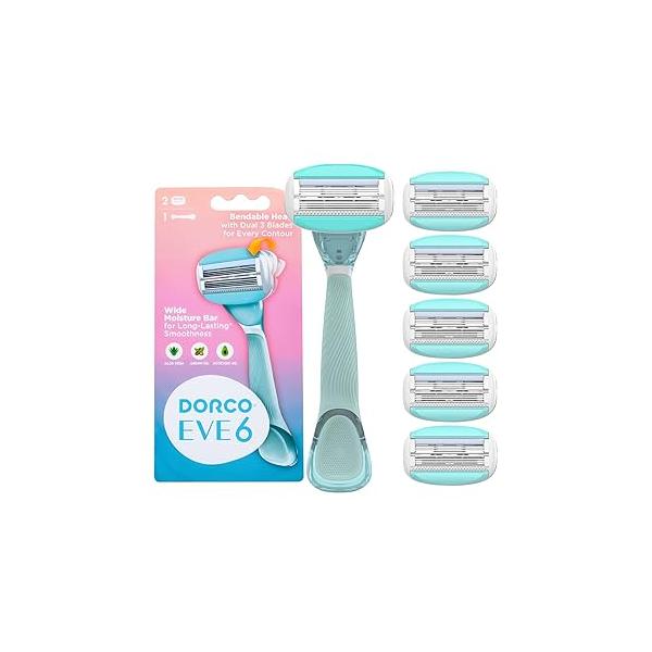 Dorco EVE6 Razor for Women, Includes 1 Handle and 6 Long-Lasting Blade Refills| + Cartridges (Handle Refills)