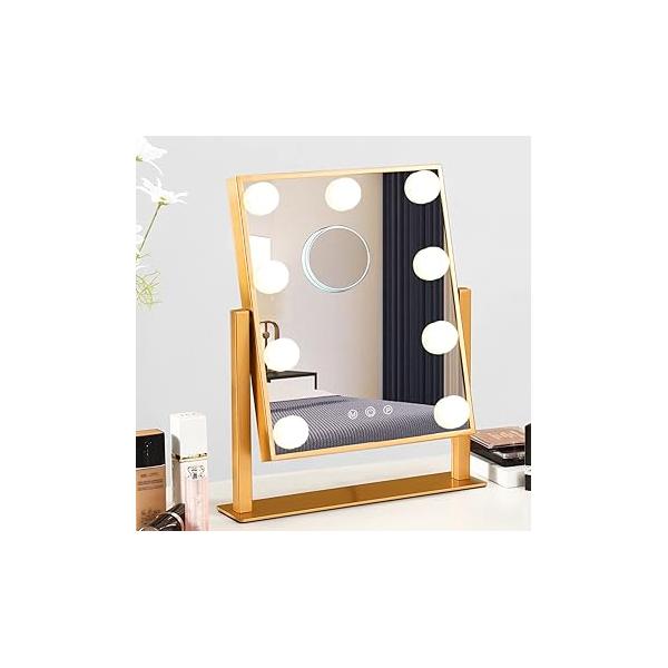 Lighted Makeup Mirror Hollywood Vanity with Lights, Touch Control Design 3 Colors Dimable LED Bulbs, Detachable 10X Magnification, 360°Rotation, (White) 12" L x 14" W