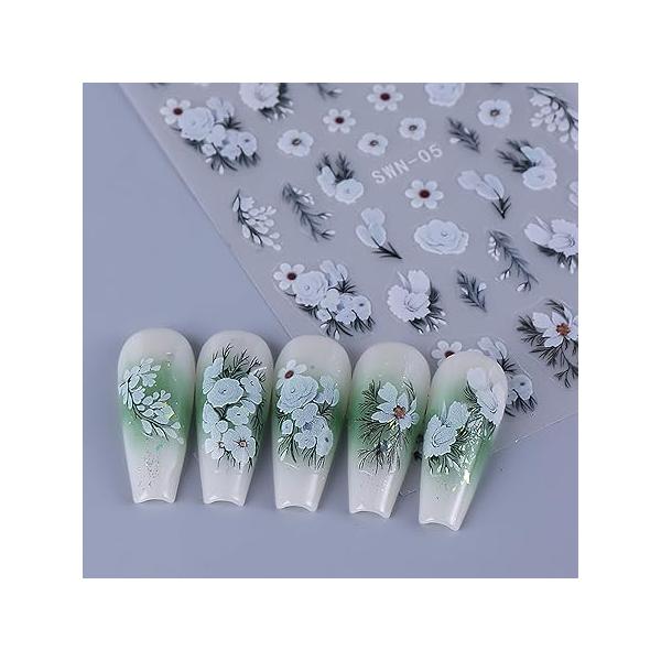Flower Nail Stickers,3 Sheet Decals,White Petal Art Stickers for Art, Series Self-Adhesive Decals Women