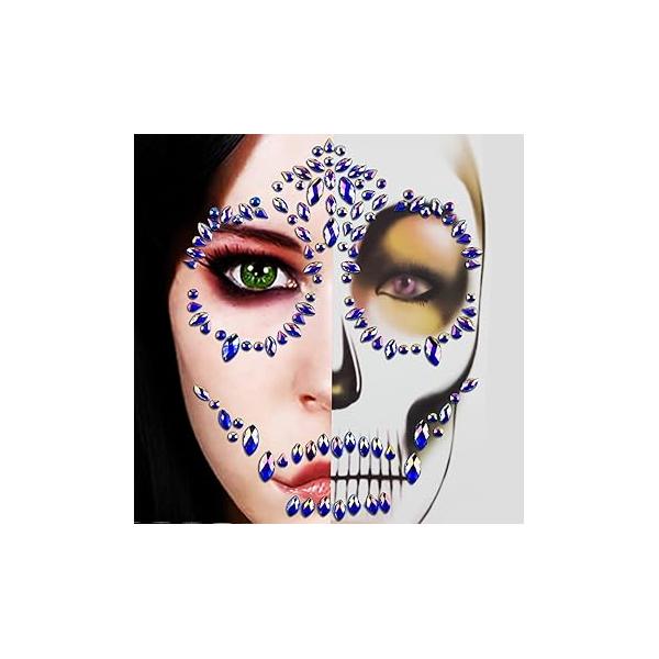 Day of the Dead Skull Face Gems Tattoo Sticker Purple Halloween Rhinestone for Women Girl, Skeleton Stickers Jewels Stick on Makeup Dia De Los Muertos 1PCS