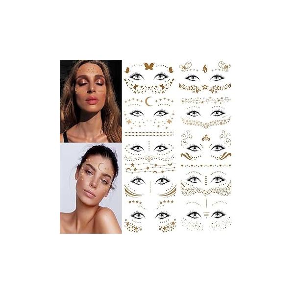 Gold Temporary Tattoo Stickers Freckles Face Tattoos for Women Girls Kids Metallic Waterproof Sticker Butterfly Star Moon Makeup Party Festival (Style A)