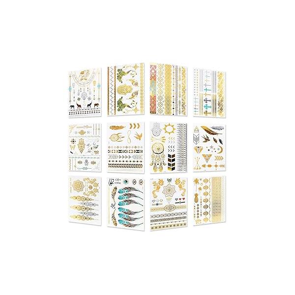 Metallic Temporary Tattoos - 12 Sheets Waterproof Gold Sliver Glitter Body Face Tattoo for Women Teen Girls, Over 200 Flash Fake Festival Jewelry Bling Art Tat Stickers