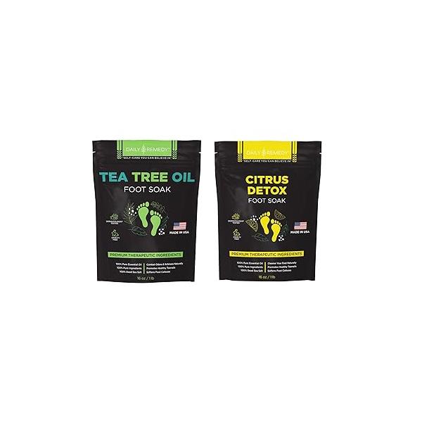 DAILY REMEDY Tea Tree Oil & Citrus Foot Soak Set, Pack of 2, for Pain, Odor, Sore Feet, Athlete’s Foot, Soften Calluses - Natural Blend Salts, Made In USA