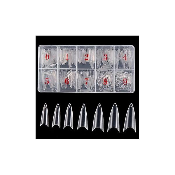 Stiletto Nail Tips 500Pcs Short Sharp Ending False Acrylic Nails Tip Half Cover 10 Sizes with Box for Salons Home DIY (Natural)