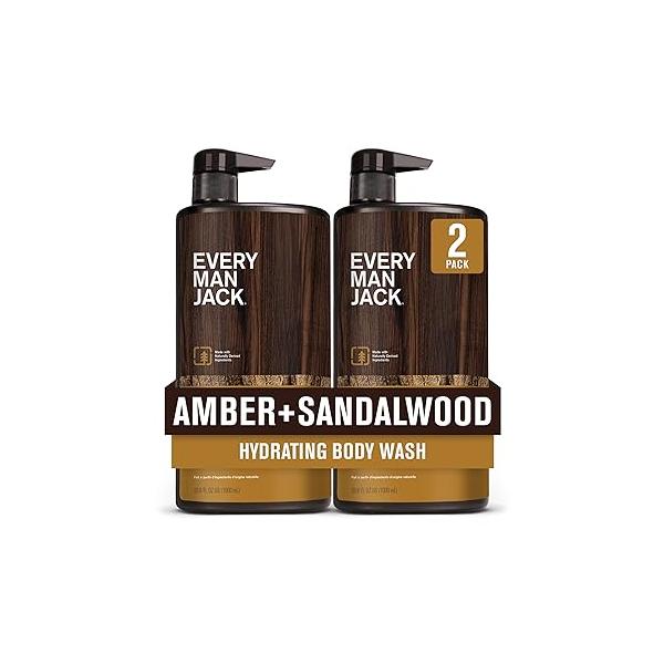 Every Man Jack Nourishing Amber + Sandalwood Mens Body Wash for All Skin Types - Cleanse, Nourish, and Hydrate with Naturally Derived Coconut, Glycerin 33.8 fl oz 2 Bottles