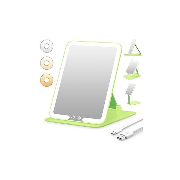 Rechargeable Travel Makeup Mirror with Light, Lighted Compact Vanity 1x/10X Magnification, 3 Dimmable Color LED Lights, Foldable Ultraslim Lightweight Portable Cosmetic