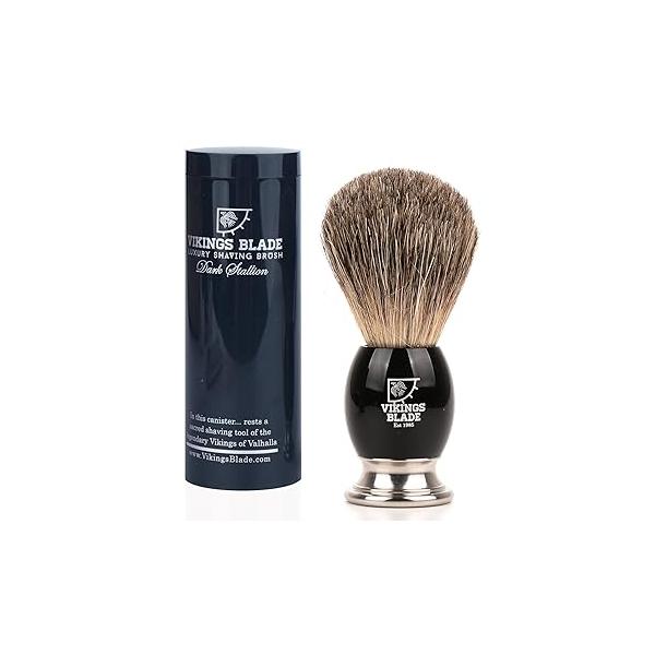 Luxury Shaving Brush for Men by VIKINGS BLADE, Ultra Heavy Acrylic & 316L Steel Handle, Super Strong Knot Backbone, Minimal Shedding, Fast Lather, Extremely Smooth Plush on Skin (Dark Stallion)