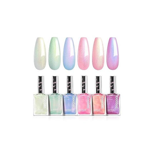 Beetles Pearl Nail Polish Set Mermaid Glow, 6 Colors Shimmer Pink Purple Quick Dry Long Lasting DIY Manicure Gift for Girls Women Strengthener