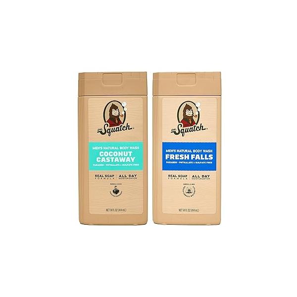 Dr. Squatch NEW Body Wash for Men with Nourishing, Natural Ingredients | No Paraben, Phthalate, Sulfate All Day Moisture Long Lasting Scent Fresh Falls & Coconut Castaway (14 oz, 2-Pack)